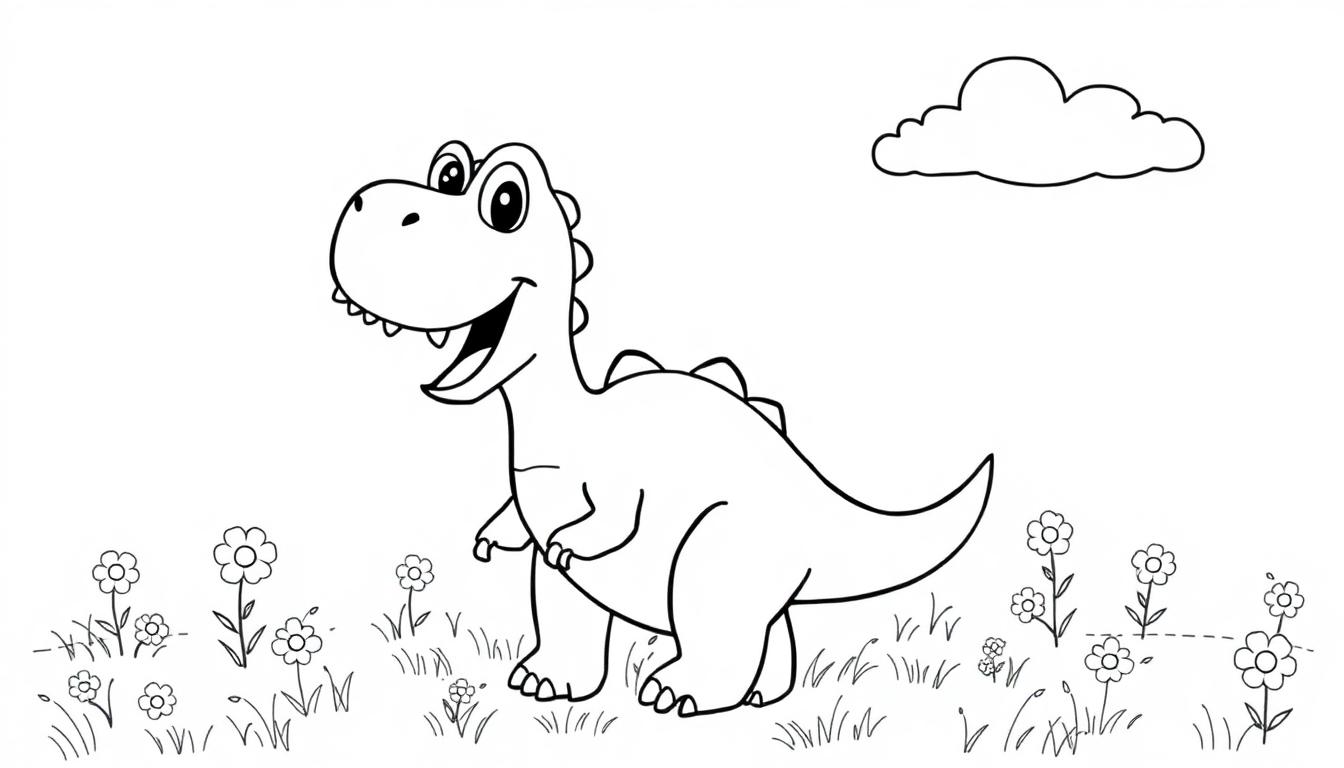 Eine Schwarz-Weiß-Farbtafel-Zeichnung eines freundlichen Cartoon-Dinosauriers mit großen Augen und einem offenen Lächeln, der aufrecht auf zwei Beinen steht, mit kleinen Stacheln auf seinem Rücken, in einer Landschaft mit stilisierten Blumen und Gras im Vordergrund und einer Wolke im Hintergrund.