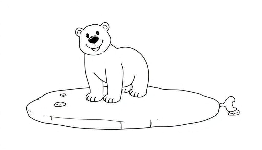 Schwarz-Weiß-Farbtafel eines freundlichen Eisbären auf einer Eisscholle mit lächelnder Schnauze und kleinen Ohren.