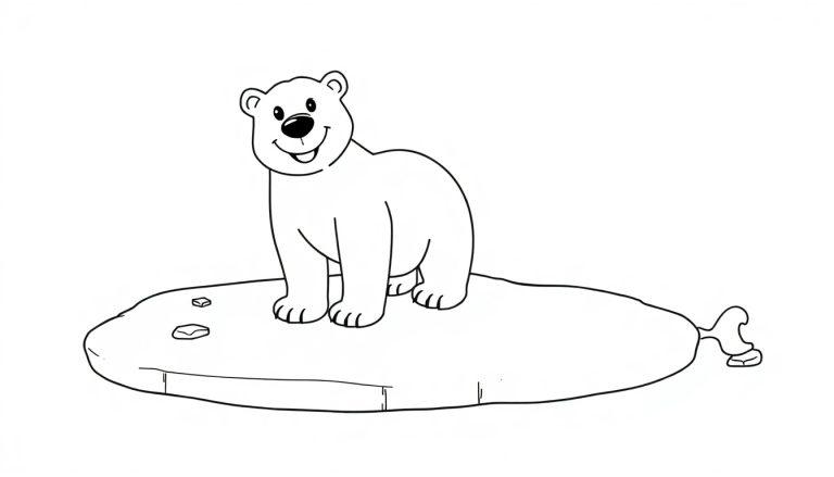 Schwarz-Weiß-Farbtafel eines freundlichen Eisbären auf einer Eisscholle mit lächelnder Schnauze und kleinen Ohren.