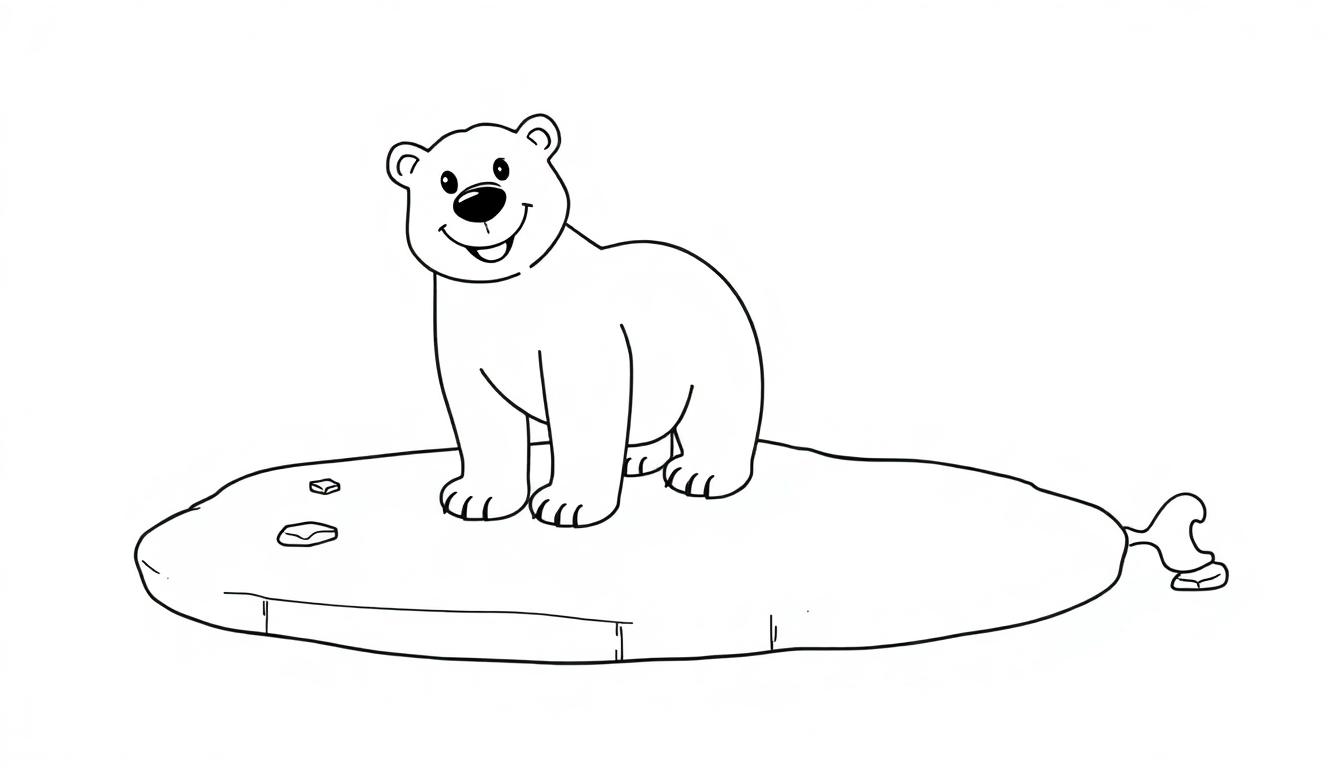Schwarz-Weiß-Farbtafel eines freundlichen Eisbären auf einer Eisscholle mit lächelnder Schnauze und kleinen Ohren.