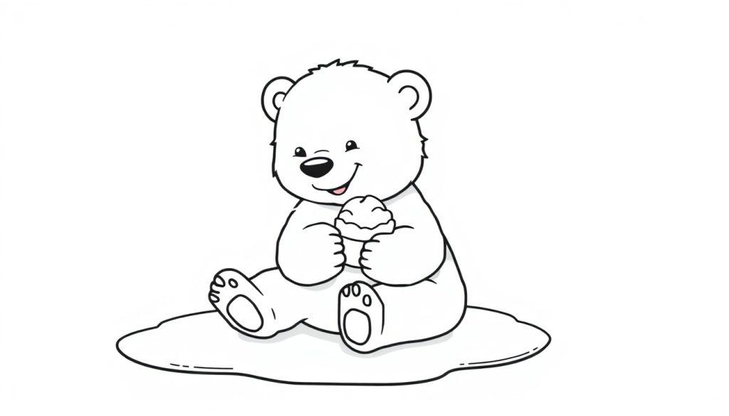 Ein niedlicher Cartoon-Eisbär sitzt auf einer Eisscholle und hält einen Cupcake. Ein Freundlicher Eisbär mit einer kleinen Eiskugel, bereit zum Ausmalen. Schwarz-Weiß, keine Farben. Farbtafel.