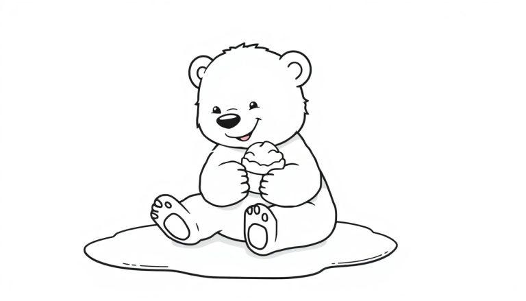 Ein niedlicher Cartoon-Eisbär sitzt auf einer Eisscholle und hält einen Cupcake. Ein Freundlicher Eisbär mit einer kleinen Eiskugel, bereit zum Ausmalen. Schwarz-Weiß, keine Farben. Farbtafel.