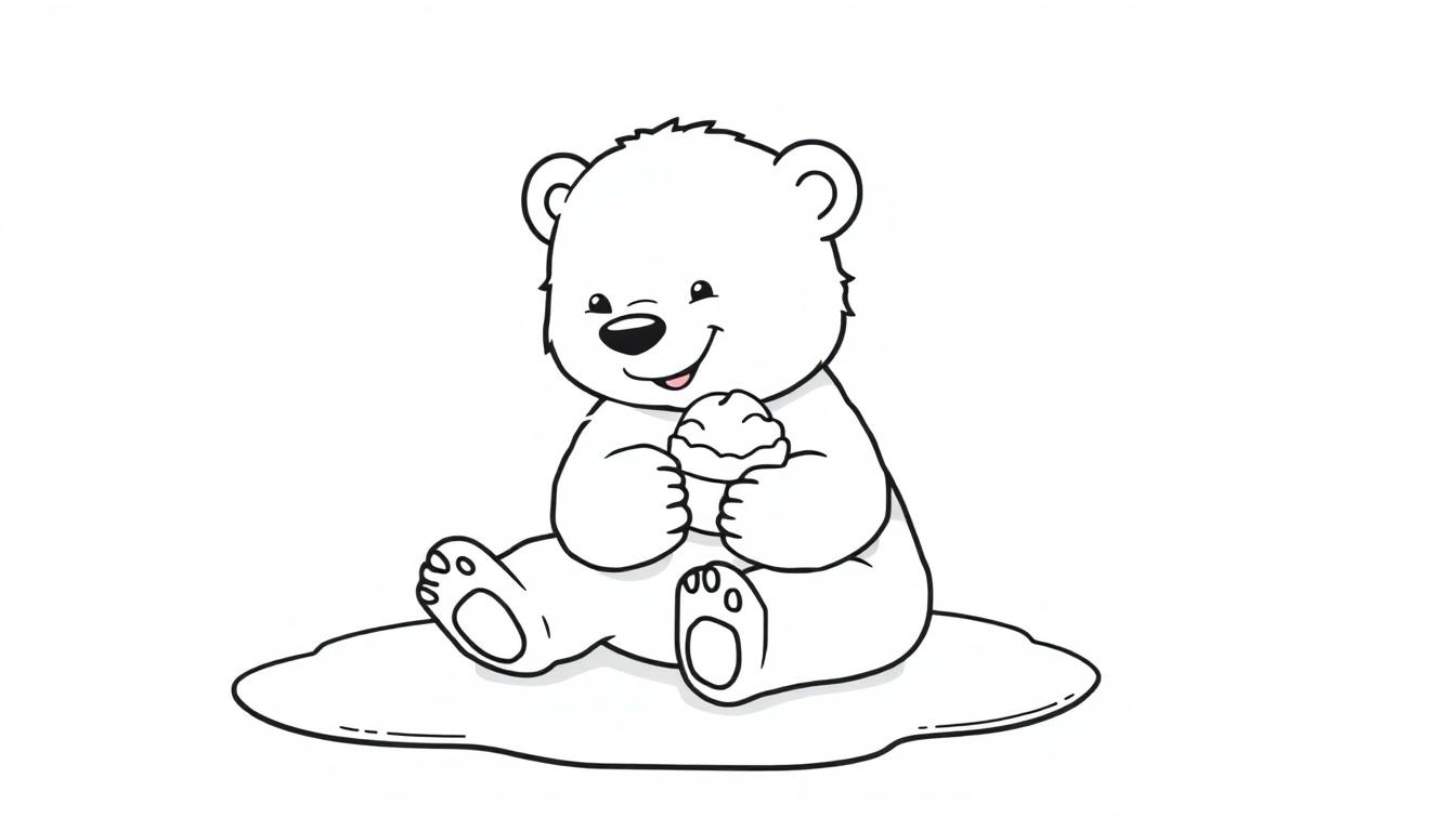 Ein niedlicher Cartoon-Eisbär sitzt auf einer Eisscholle und hält einen Cupcake. Ein Freundlicher Eisbär mit einer kleinen Eiskugel, bereit zum Ausmalen. Schwarz-Weiß, keine Farben. Farbtafel.