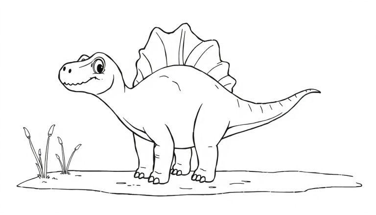 Schwarz-weiße Farbtafel-Skizze eines freundlichen Dinosauriers mit Rückensegel und langem Schwanz, bereit zum Ausmalen.