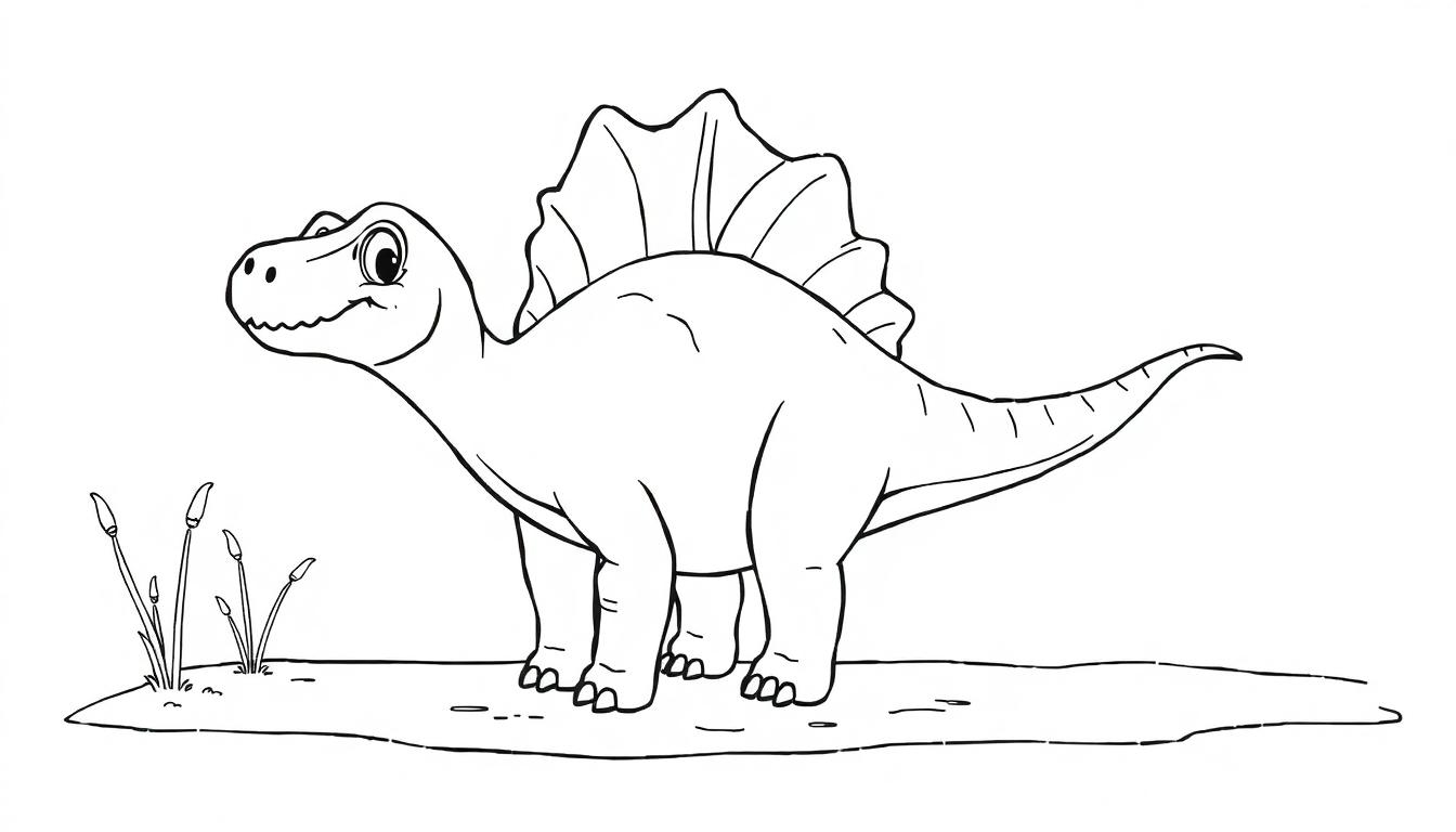 Schwarz-weiße Farbtafel-Skizze eines freundlichen Dinosauriers mit Rückensegel und langem Schwanz, bereit zum Ausmalen.
