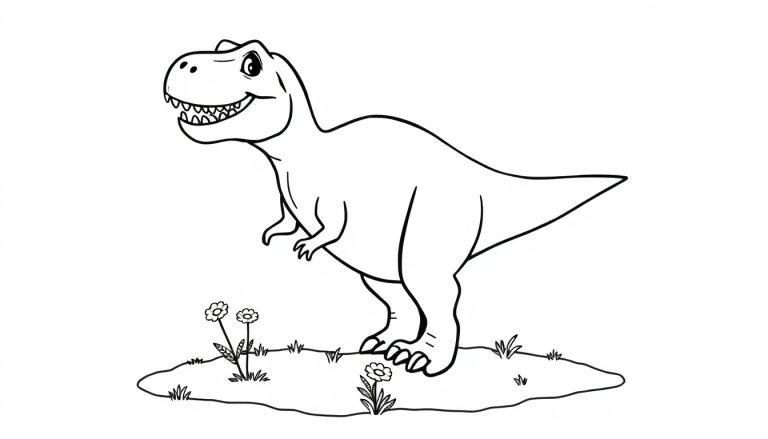 Eine schwarz-weiße Farbtafel eines freundlichen Cartoon-Tyrannosaurus Rex, der auf einem Hügel steht und winkt.
