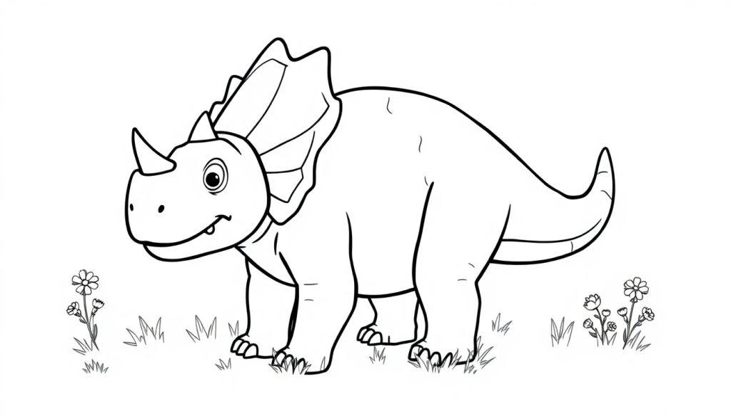Schwarz-weiße Farbtafel eines freundlichen Triceratops-Dinosauriers.