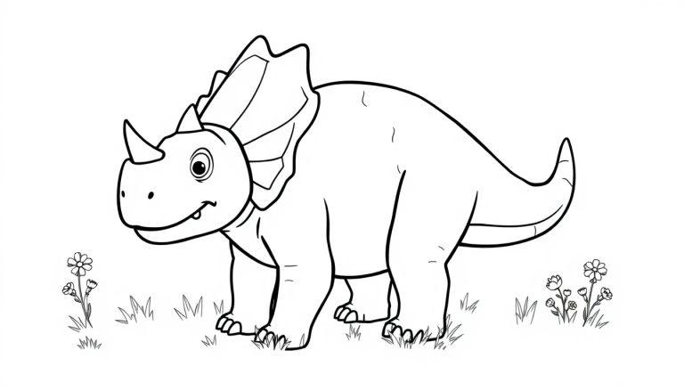 Schwarz-weiße Farbtafel eines freundlichen Triceratops-Dinosauriers.