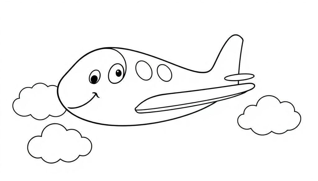 Ein lächelndes Flugzeug in einer Schwarz-Weiß-Farbtafel fliegt durch Wolken.