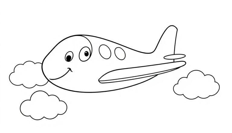 Ein lächelndes Flugzeug in einer Schwarz-Weiß-Farbtafel fliegt durch Wolken.