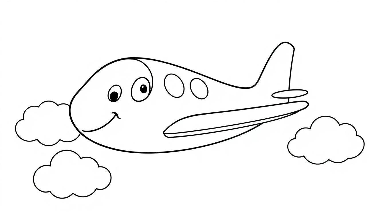 Ein lächelndes Flugzeug in einer Schwarz-Weiß-Farbtafel fliegt durch Wolken.