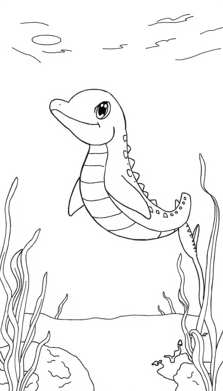 Eine schwarz-weiße Zeichnung eines cartoonartigen Seeungeheuers, ähnlich einem Lapras, das unter Wasser schwimmt.
