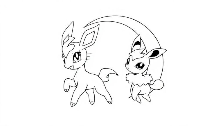 Zwei Cartoon-Kreaturen, die Leafeon ähneln, in einer Schwarz-Weiß-Illustration.