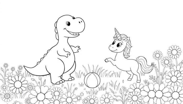 Eine schwarz-weiße Farbtafel-Zeichnung zeigt einen freundlichen Dinosaurier und ein verspieltes Einhorn, die auf einer Blumenwiese spielen.