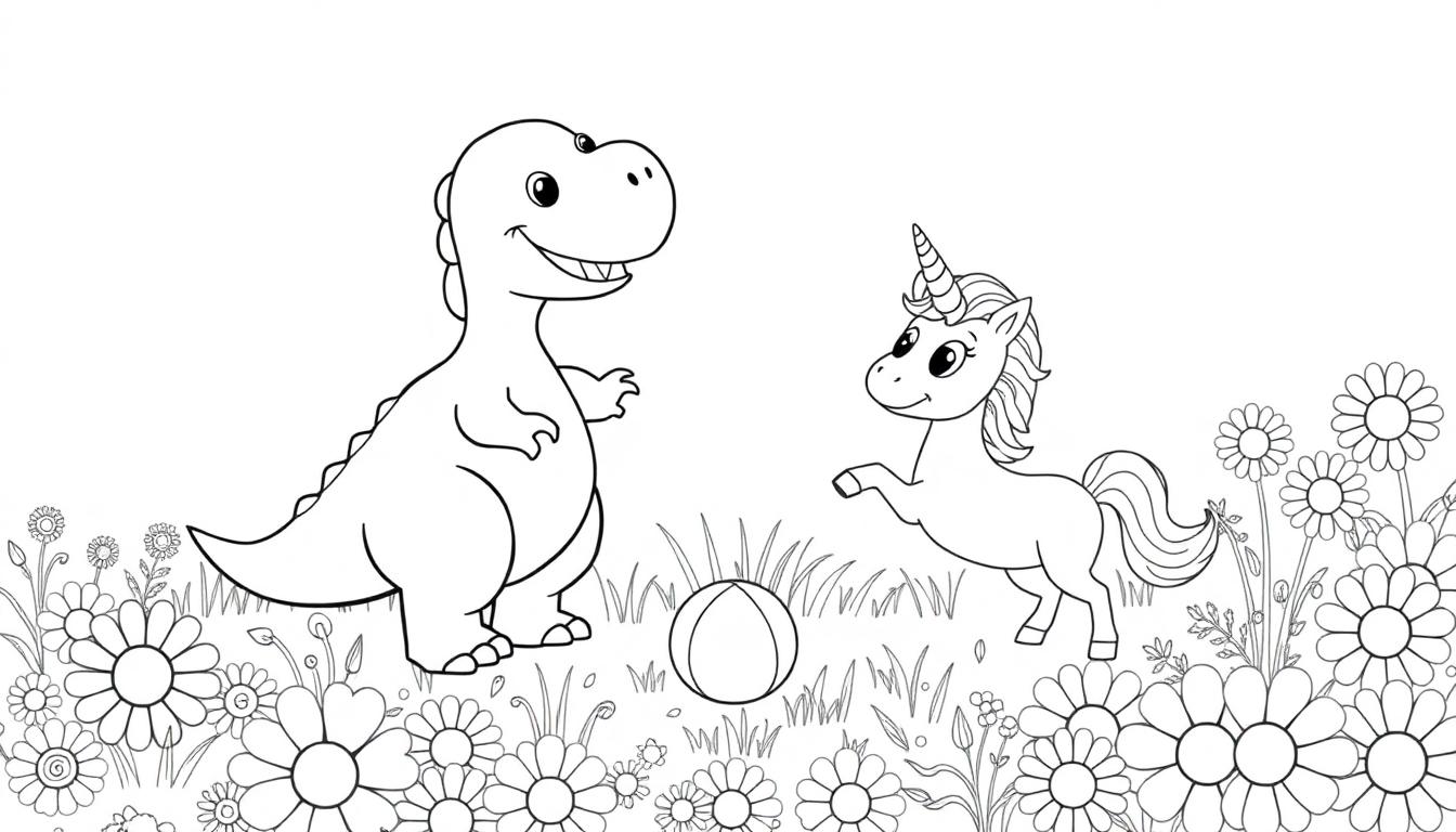 Eine schwarz-weiße Farbtafel-Zeichnung zeigt einen freundlichen Dinosaurier und ein verspieltes Einhorn, die auf einer Blumenwiese spielen.
