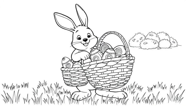 Schwarz-weiße Farbtafel eines lächelnden Cartoon-Osterhasen mit großen Ohren, der zwei Körbe voller verzierter Ostereier trägt, steht im Gras mit einem Busch im Hintergrund.