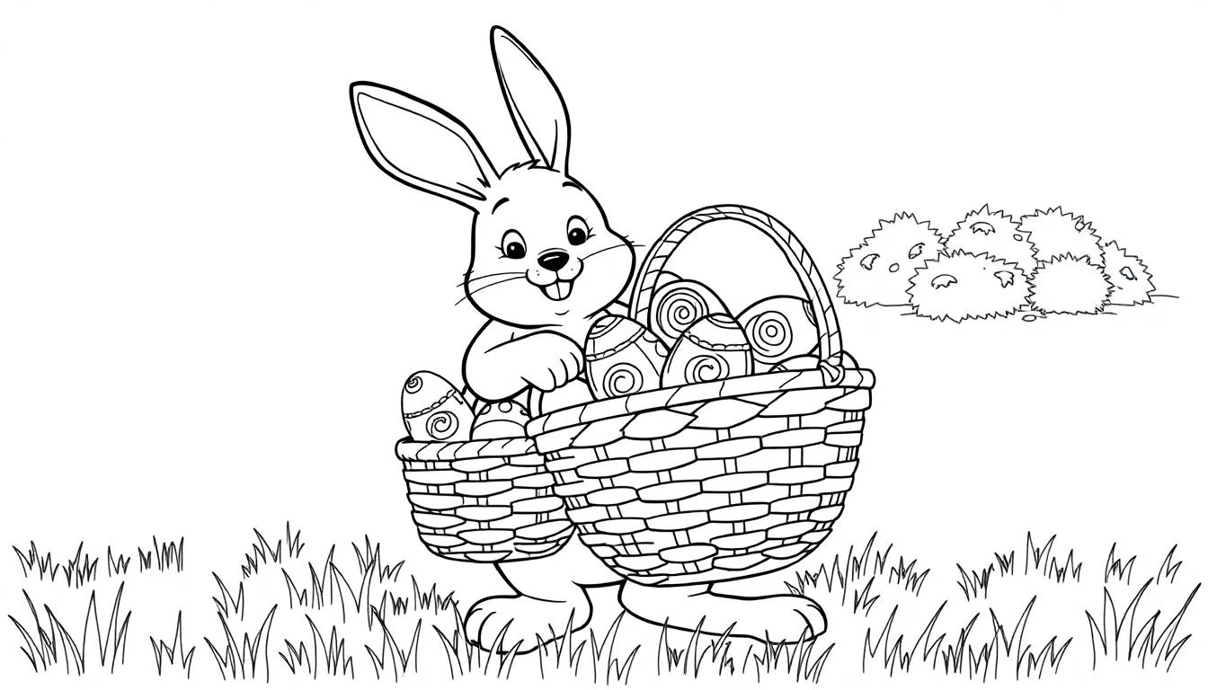 Schwarz-weiße Farbtafel eines lächelnden Cartoon-Osterhasen mit großen Ohren, der zwei Körbe voller verzierter Ostereier trägt, steht im Gras mit einem Busch im Hintergrund.