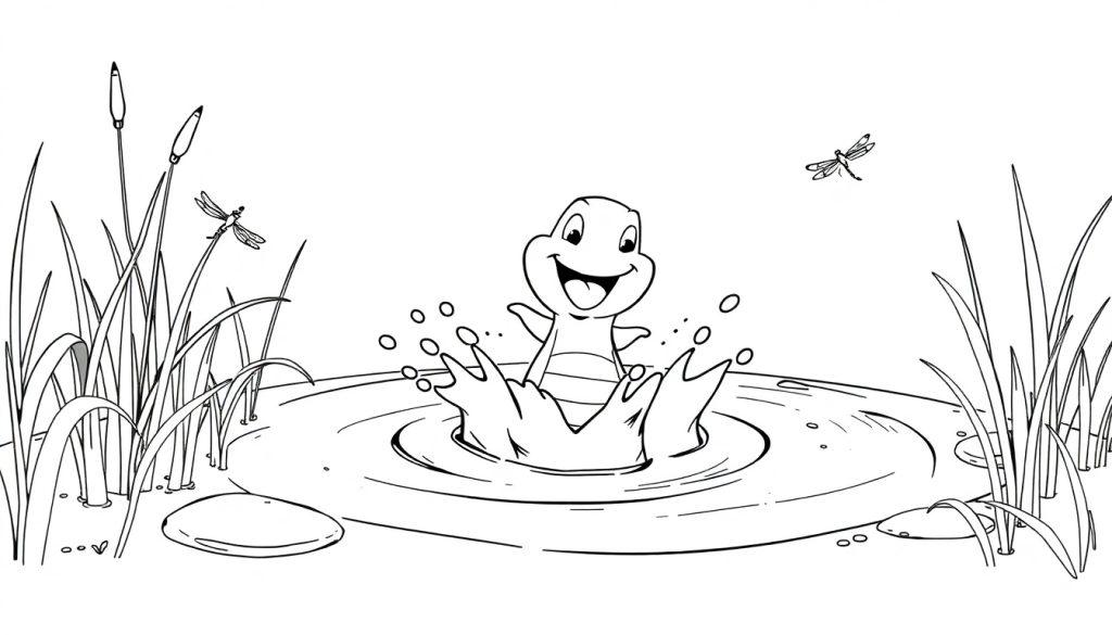 Ein Frosch springt in einen Teich und erzeugt eine Fontäne, umgeben von Seerosenblättern und Libellen.