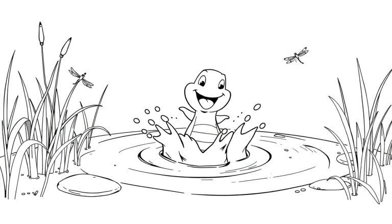 Ein Frosch springt in einen Teich und erzeugt eine Fontäne, umgeben von Seerosenblättern und Libellen.
