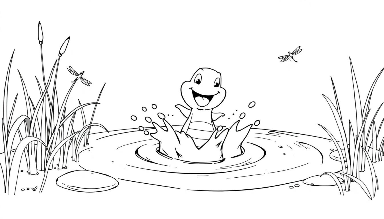 Ein Frosch springt in einen Teich und erzeugt eine Fontäne, umgeben von Seerosenblättern und Libellen.