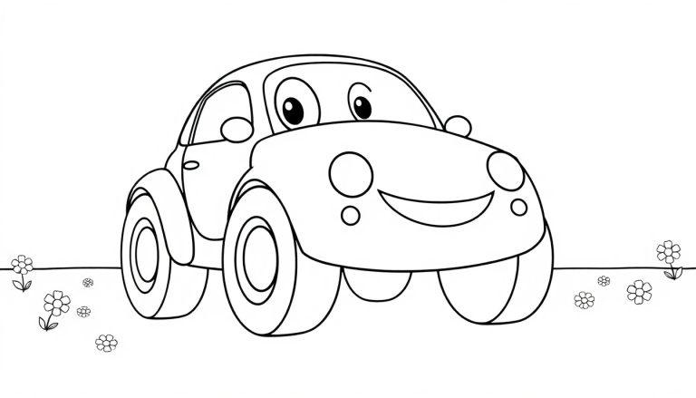 Cartoon-Auto-Farbtafel mit großen Augen und einem lächelnden Gesicht auf einer grünen Wiese.