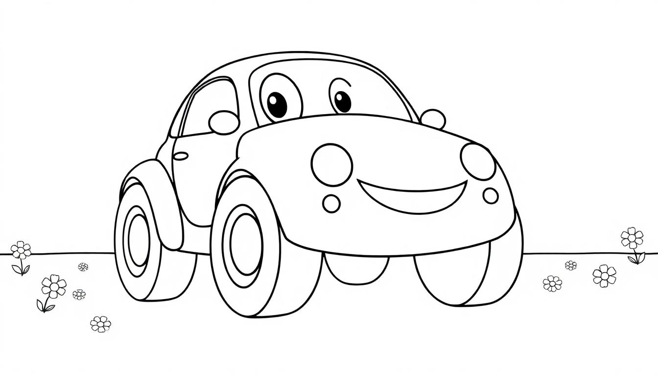 Cartoon-Auto-Farbtafel mit großen Augen und einem lächelnden Gesicht auf einer grünen Wiese.