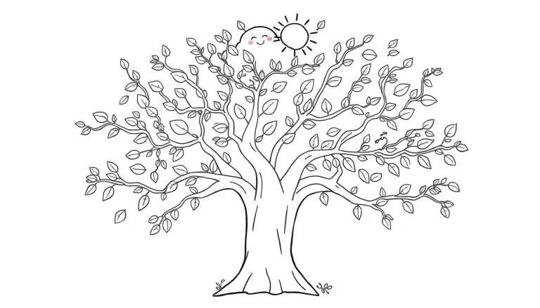 Schwarz-weiße Farbtafel eines fröhlichen Baumes mit einem Vogel, einer Wolke und einer Sonne.