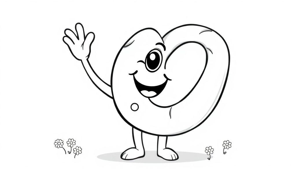 Eine schwarz-weiße Cartoon-Farbtafel eines niedlichen Brezel-Männchens, das fröhlich winkt, mit Gänseblümchen im Hintergrund.