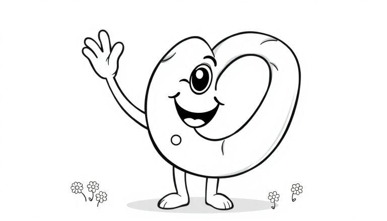 Eine schwarz-weiße Cartoon-Farbtafel eines niedlichen Brezel-Männchens, das fröhlich winkt, mit Gänseblümchen im Hintergrund.