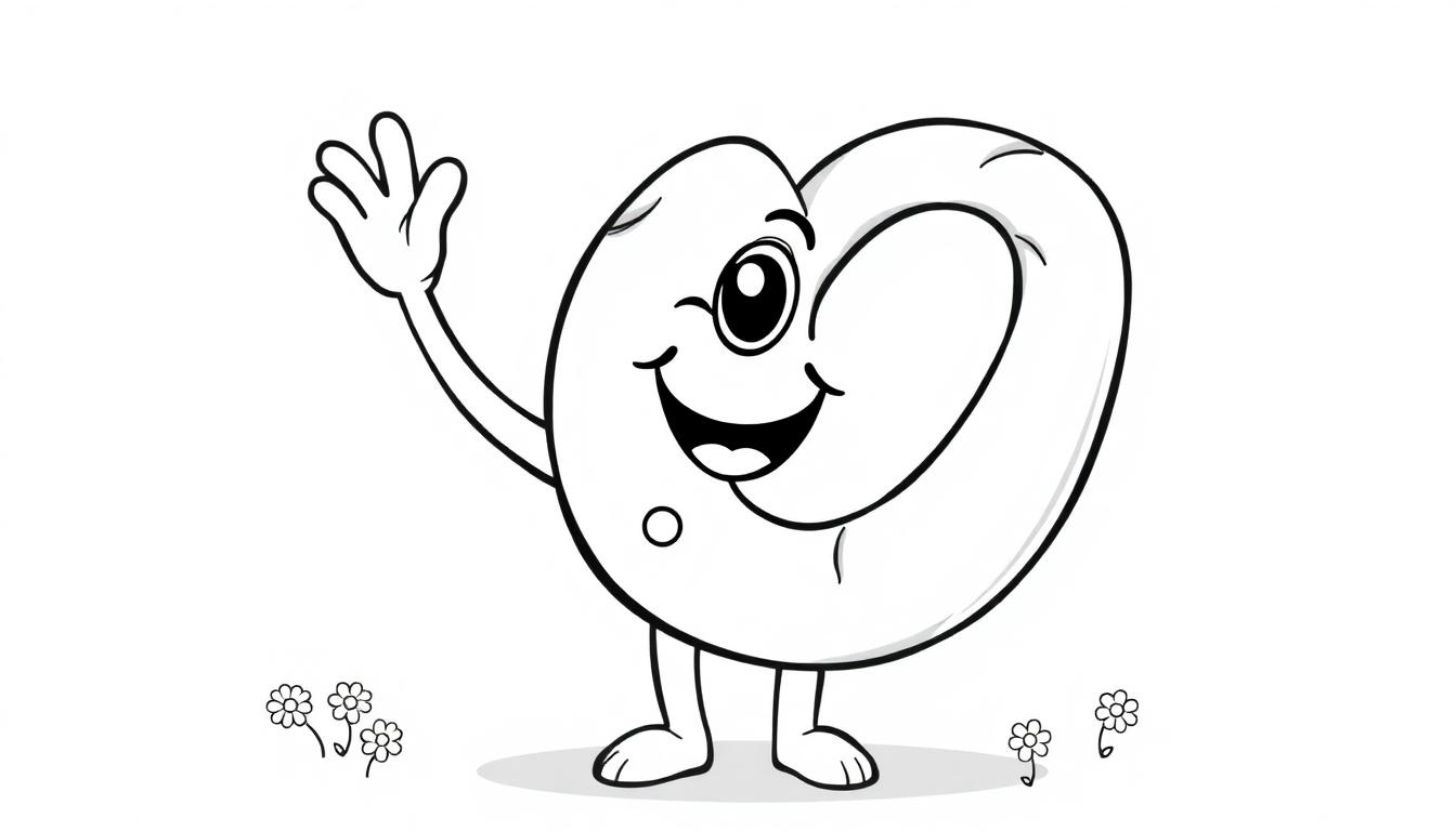 Eine schwarz-weiße Cartoon-Farbtafel eines niedlichen Brezel-Männchens, das fröhlich winkt, mit Gänseblümchen im Hintergrund.