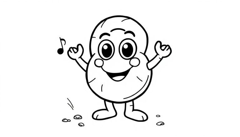 Eine schwarz-weiße cartoon-Erdnuss mit einem fröhlichen Gesicht und einer Musiknote, bereit zum Ausmalen auf einer Farbtafel.