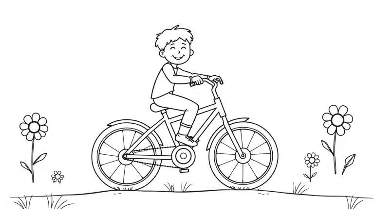 Schwarz-weiß Farbtafel eines lächelnden Jungen mit kurzen Haaren, der auf einem Fahrrad mit zwei Rädern und einem Sattel fährt. Er trägt ein T-Shirt und eine Hose. Auf dem Rasen sind Blumen und Gräser zu sehen.