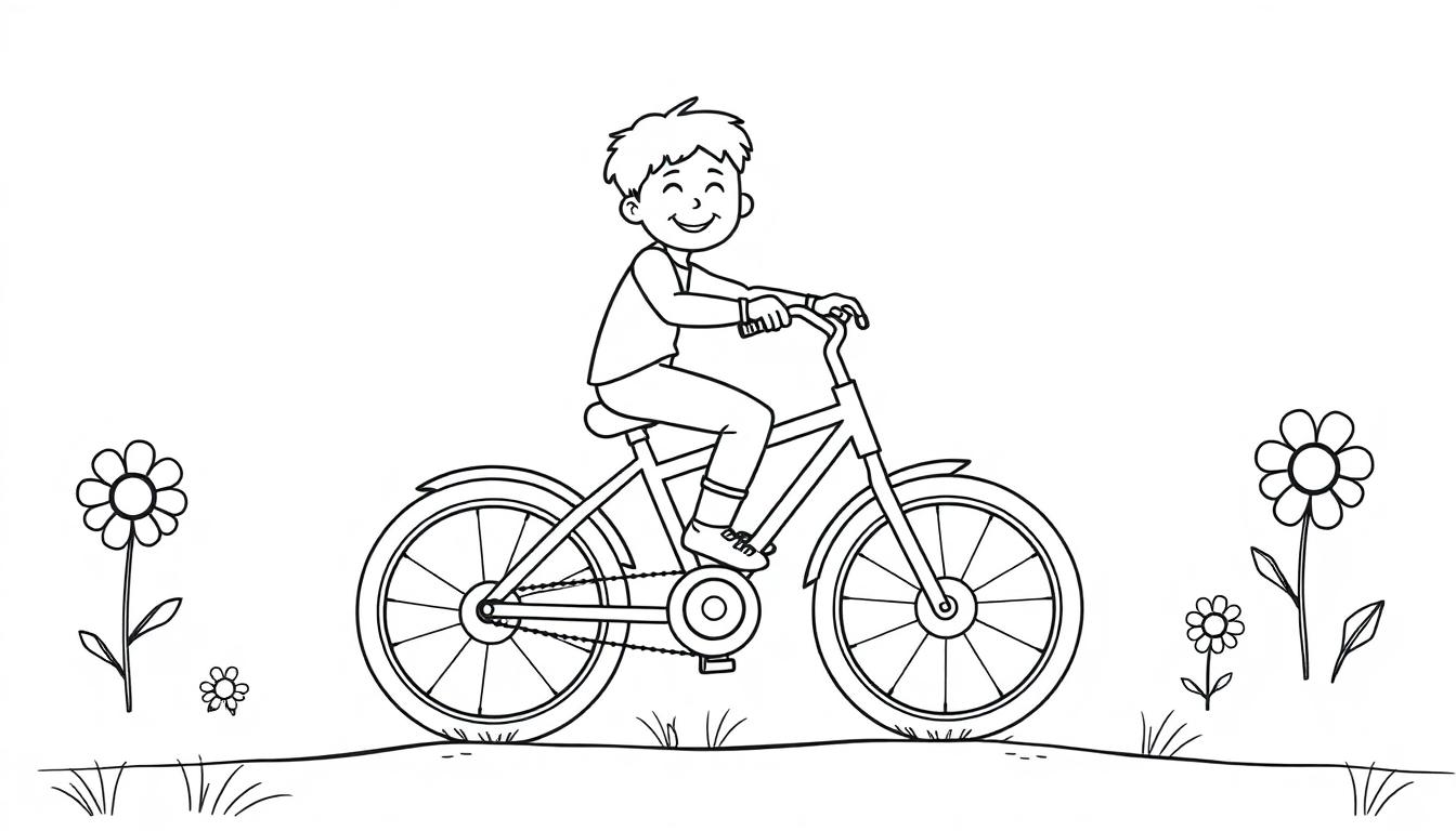 Schwarz-weiß Farbtafel eines lächelnden Jungen mit kurzen Haaren, der auf einem Fahrrad mit zwei Rädern und einem Sattel fährt. Er trägt ein T-Shirt und eine Hose. Auf dem Rasen sind Blumen und Gräser zu sehen.
