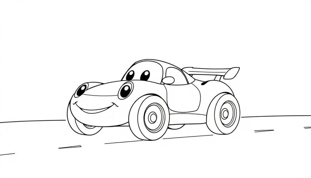 Eine Schwarz-Weiß-Farbtafel eines freundlichen Comic-Autos mit großen Augen und einem Lächeln, das auf einer einfachen Straße steht.