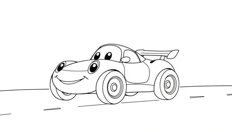 Eine Schwarz-Weiß-Farbtafel eines freundlichen Comic-Autos mit großen Augen und einem Lächeln, das auf einer einfachen Straße steht.
