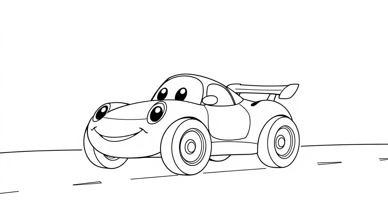 Eine Schwarz-Weiß-Farbtafel eines freundlichen Comic-Autos mit großen Augen und einem Lächeln, das auf einer einfachen Straße steht.