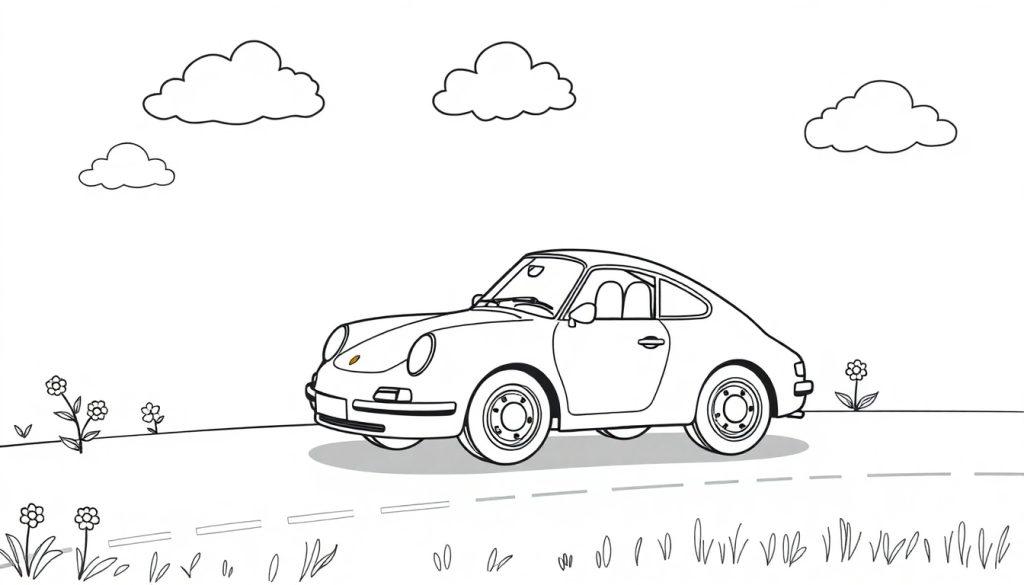 Schwarz-weiße Farbtafel eines niedlichen Porsche-Autos, das auf einer gestrichelten Straße fährt, mit stilisierten Wolken und Blumen im Hintergrund.