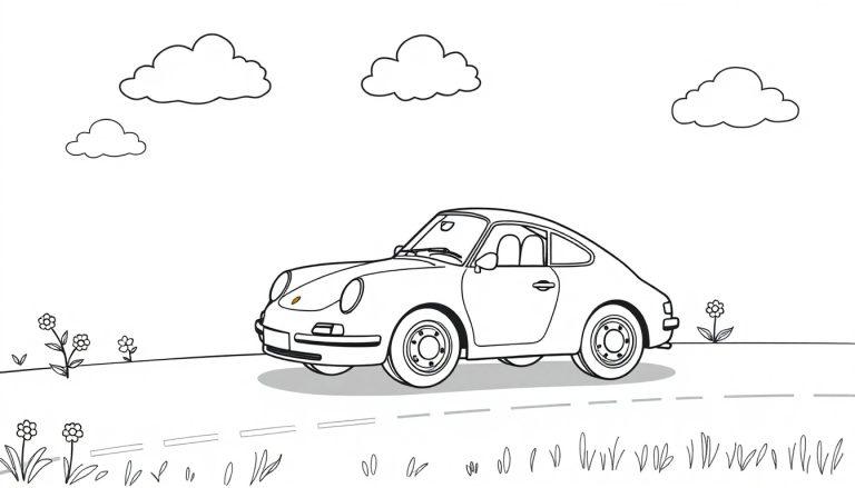 Schwarz-weiße Farbtafel eines niedlichen Porsche-Autos, das auf einer gestrichelten Straße fährt, mit stilisierten Wolken und Blumen im Hintergrund.