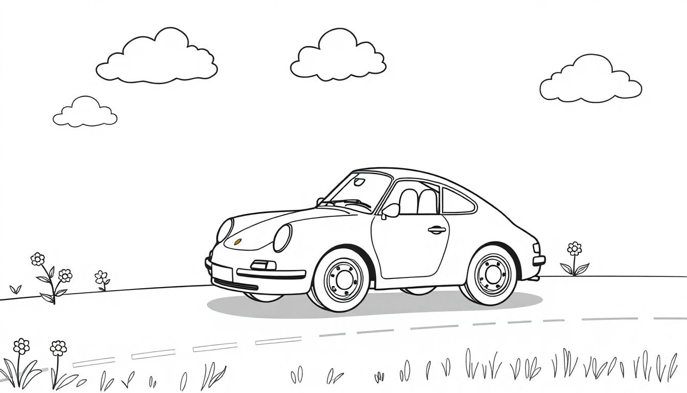 Schwarz-weiße Farbtafel eines niedlichen Porsche-Autos, das auf einer gestrichelten Straße fährt, mit stilisierten Wolken und Blumen im Hintergrund.