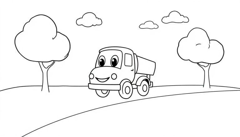Eine Schwarz-Weiß-Farbtafel eines fröhlichen Cartoon-Trucks, der auf einem Hügel fährt, mit Bäumen und Wolken.