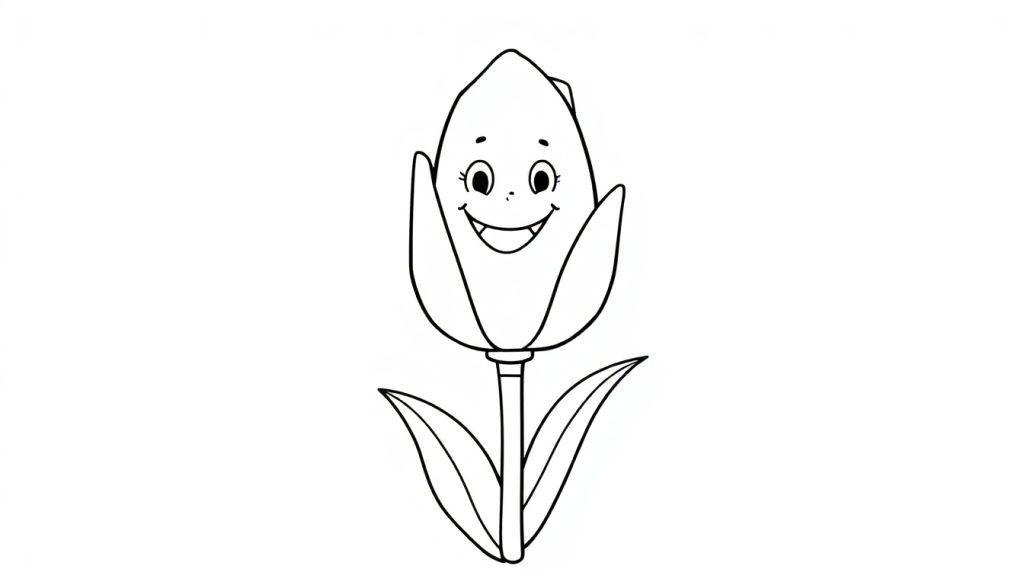 Eine schwarz-weiße Farbtafel-Zeichnung einer fröhlichen Cartoon-Tulpe mit großen Augen und einem Lächeln.
