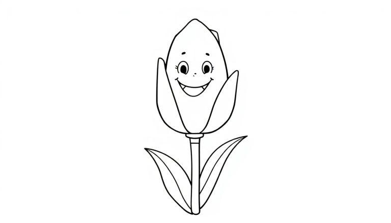 Eine schwarz-weiße Farbtafel-Zeichnung einer fröhlichen Cartoon-Tulpe mit großen Augen und einem Lächeln.