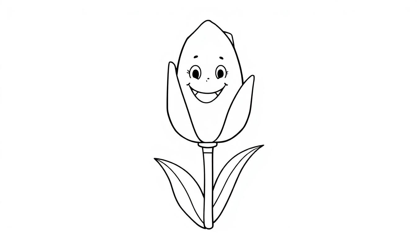 Eine schwarz-weiße Farbtafel-Zeichnung einer fröhlichen Cartoon-Tulpe mit großen Augen und einem Lächeln.