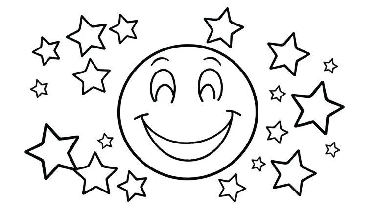 Eine Farbtafel mit einem fröhlichen Smiley-Gesicht, das von vielen bunten Sternen umgeben ist.