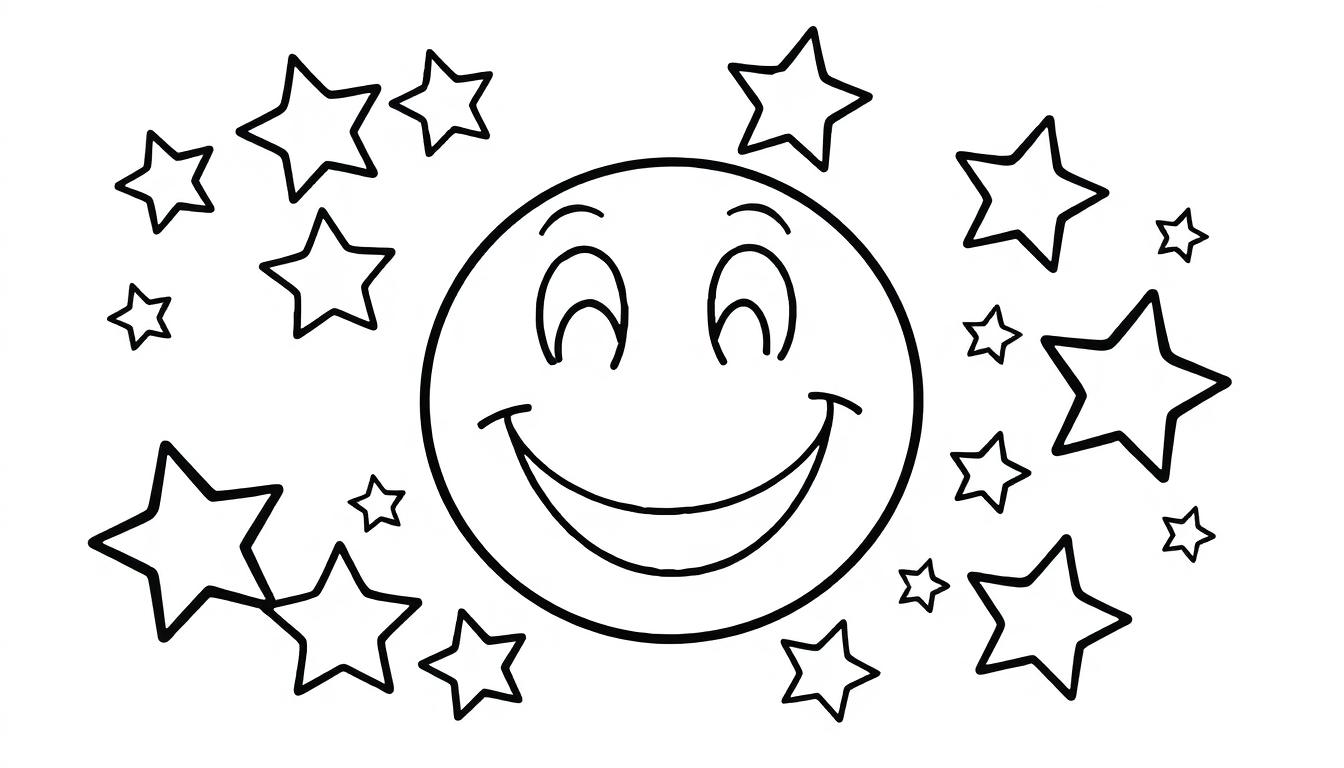 Eine Farbtafel mit einem fröhlichen Smiley-Gesicht, das von vielen bunten Sternen umgeben ist.