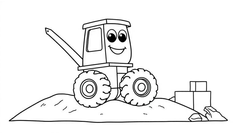Eine Schwarz-Weiß-Farbtafel eines freundlichen Cartoon-Traktors mit einem Hebearm, der auf einem Erdhügel steht, mit Blöcken und Steinen im Hintergrund.