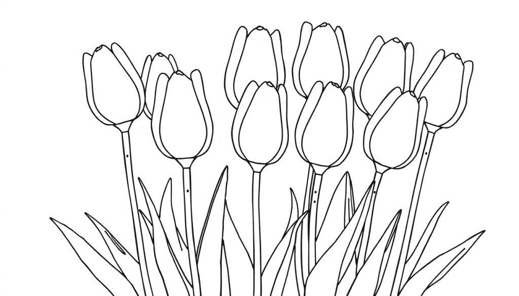 Schwarz-weiße Farbtafel von Tulpen für Kinder.
