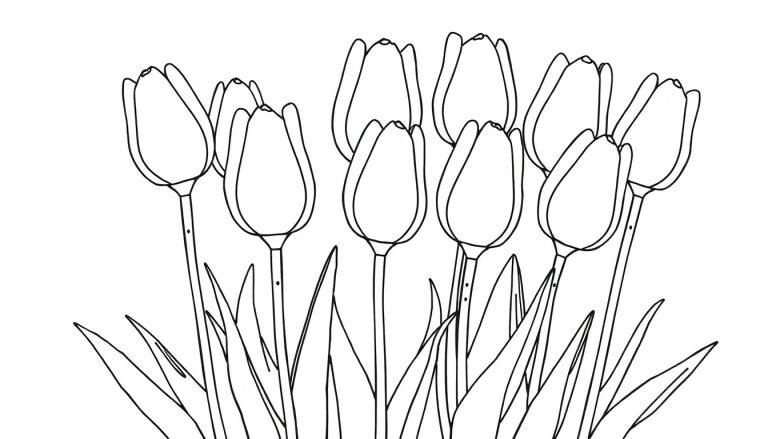 Schwarz-weiße Farbtafel von Tulpen für Kinder.