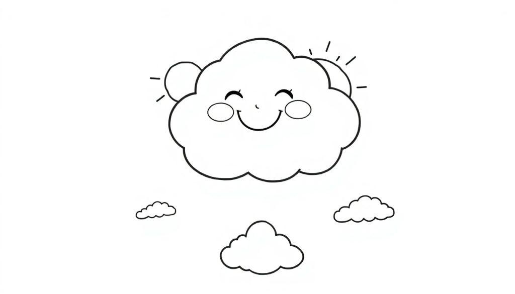 Eine niedliche Schwarz-Weiß-Zeichnung einer Cartoon-Wolke zum Ausmalen, eine Farbtafel mit einem fröhlichen Gesicht.