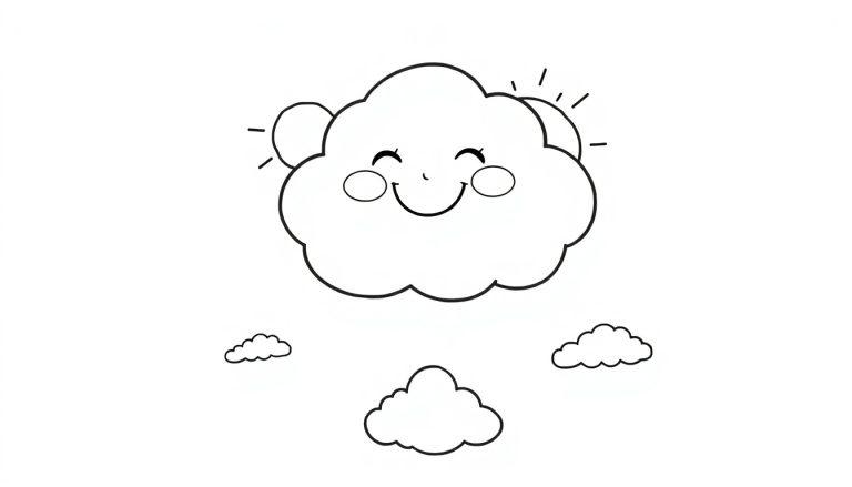 Eine niedliche Schwarz-Weiß-Zeichnung einer Cartoon-Wolke zum Ausmalen, eine Farbtafel mit einem fröhlichen Gesicht.